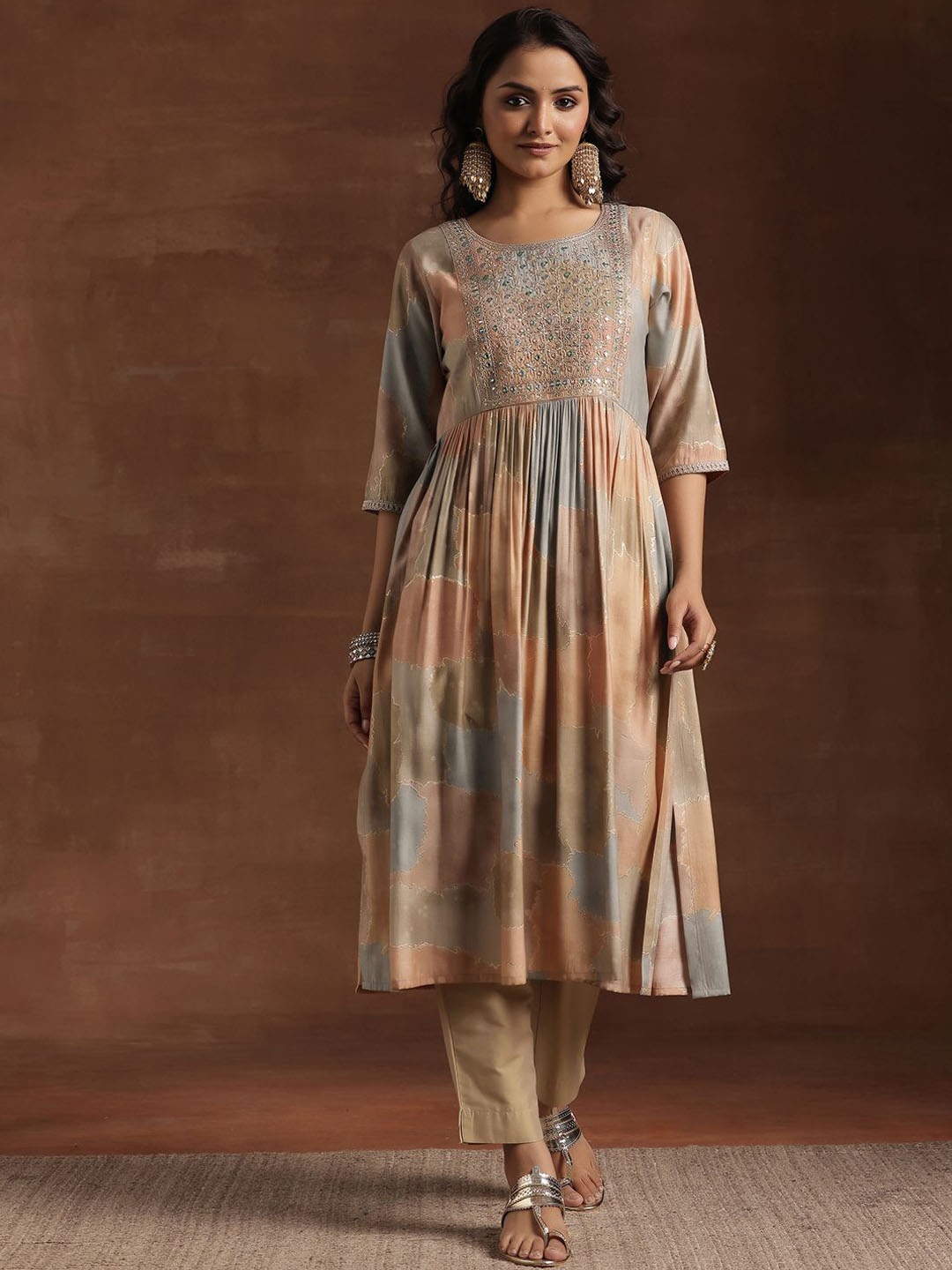 

Libas Abstract Printed Round Neck Zari A-Line Kurta, Beige