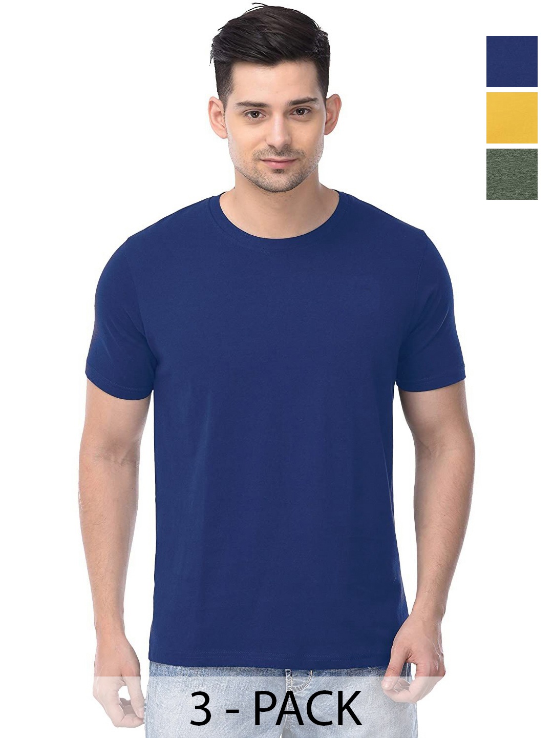 

COLOR CAPITAL Unisex Pack Of 3 Solid Round Neck Cotton T-shirts, Navy blue