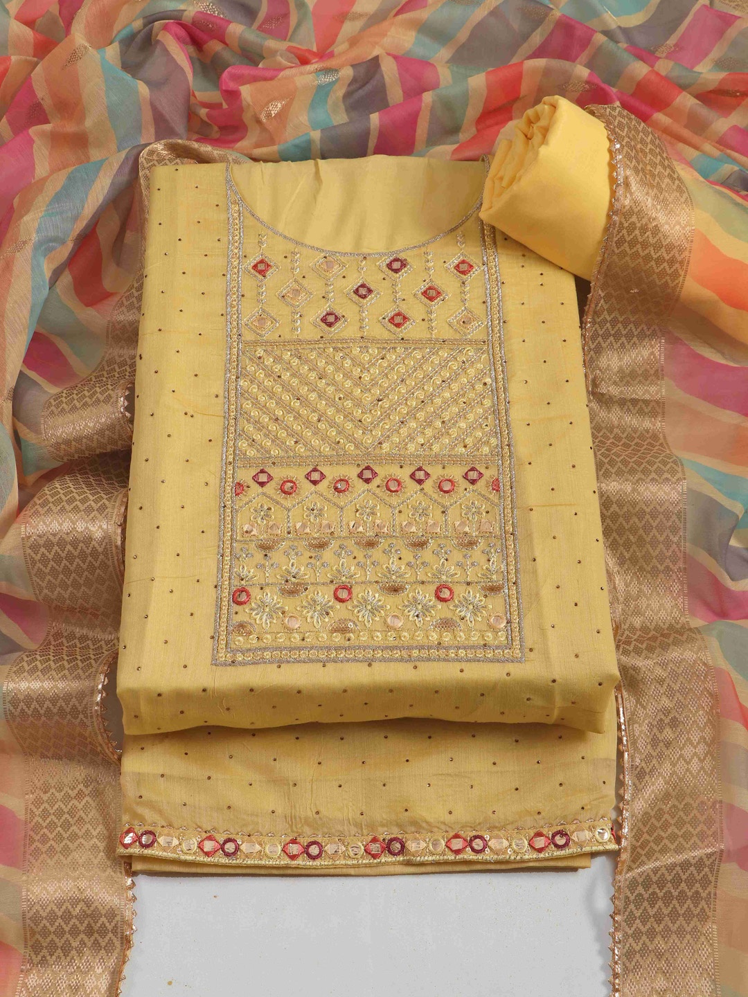 

TAVAS Embroidered Unstitched Dress Material, Yellow