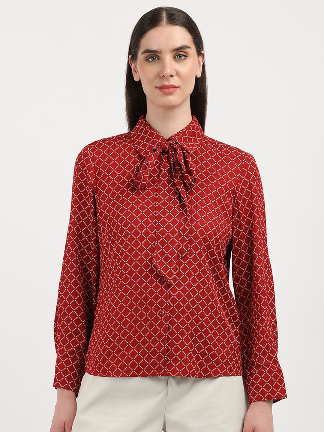 

Tommy Hilfiger Women Spread Collar Geometric Printed Casual Shirt, Red