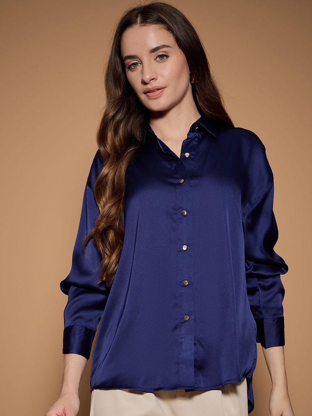 

KASSUALLY Women Standard Spread Collar Solid Casual Shirt, Navy blue