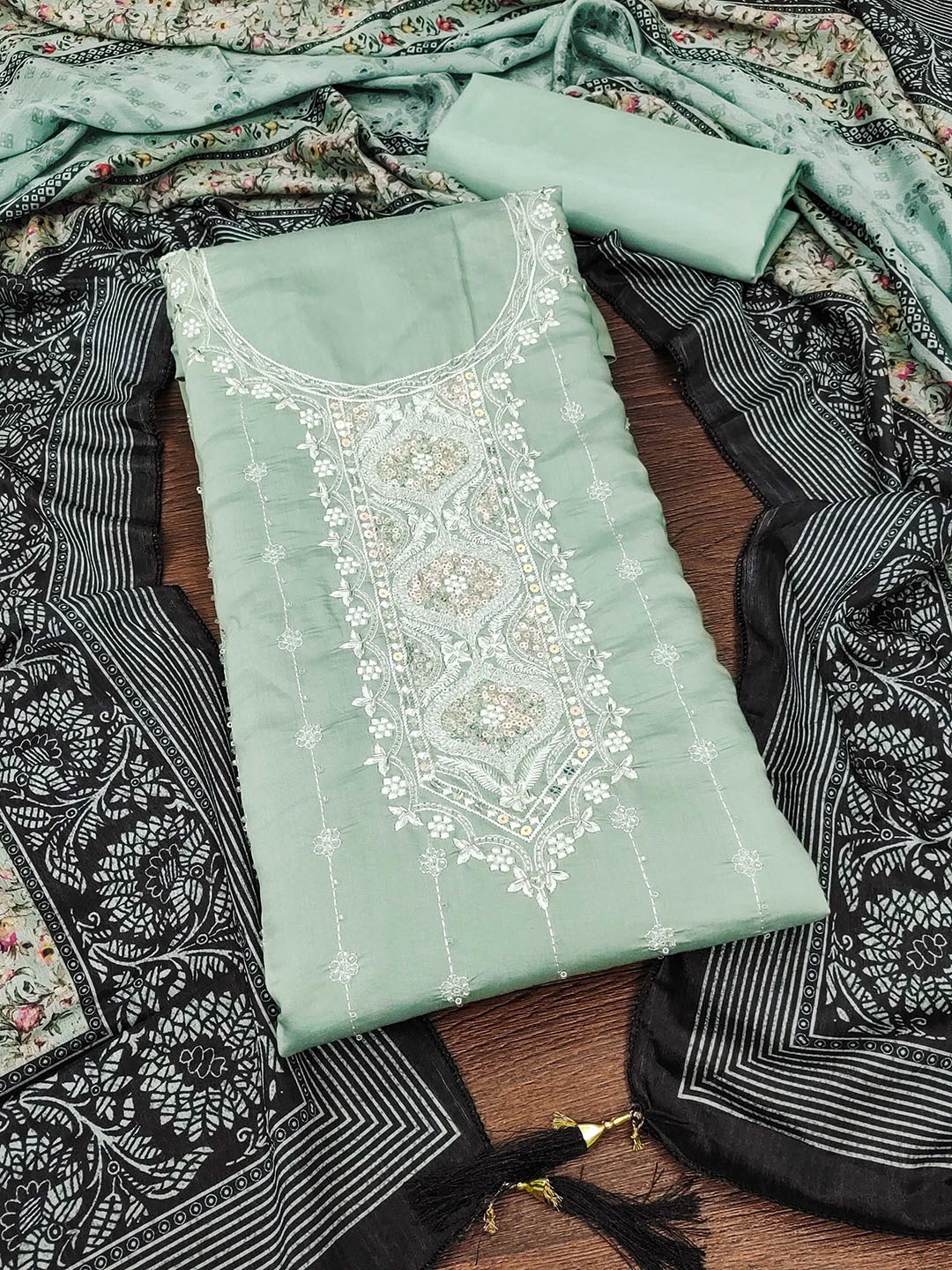

MANVAA Floral Embellished Unstitched Dress Material, Sea green
