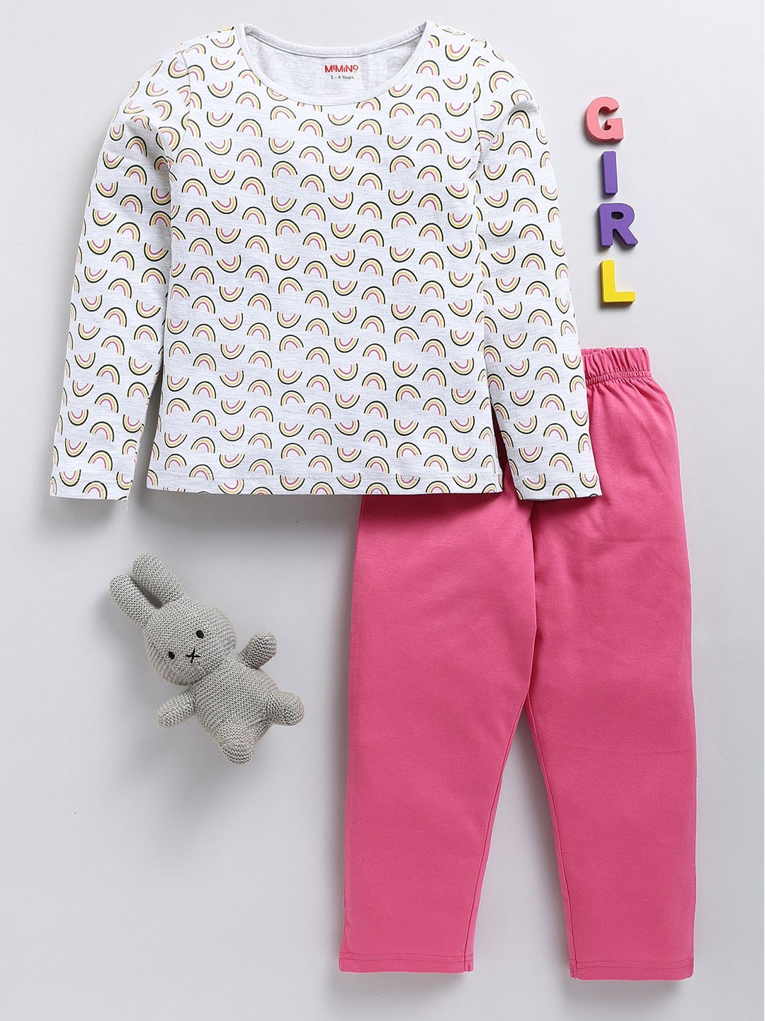 

MIMINO Girls Printed T-shirt with Trousers, Pink
