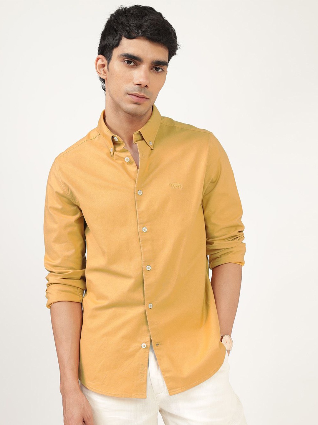 

Andamen Men Premium Button-Down Collar Solid Cotton Casual Shirt, Gold