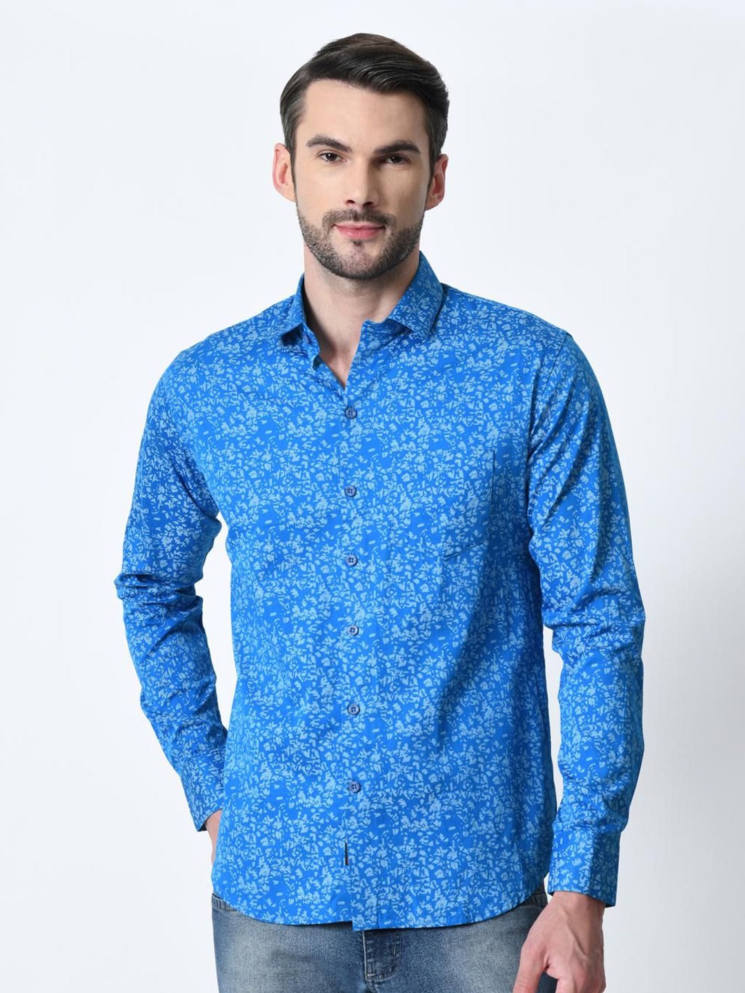 

PEBCO Men Classic Spread Collar Abstract Printed Cotton Slim Fit Casual Shirt, Blue