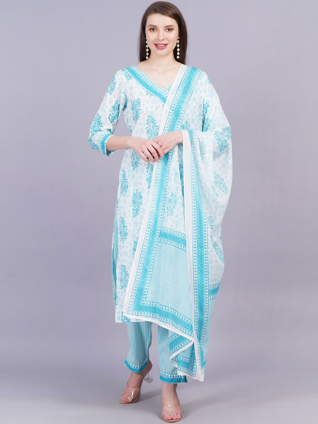 

JC4U Ethnic Motifs Printed V-Neck Pure Cotton Straight Kurta With Trousers & Dupatta, Blue