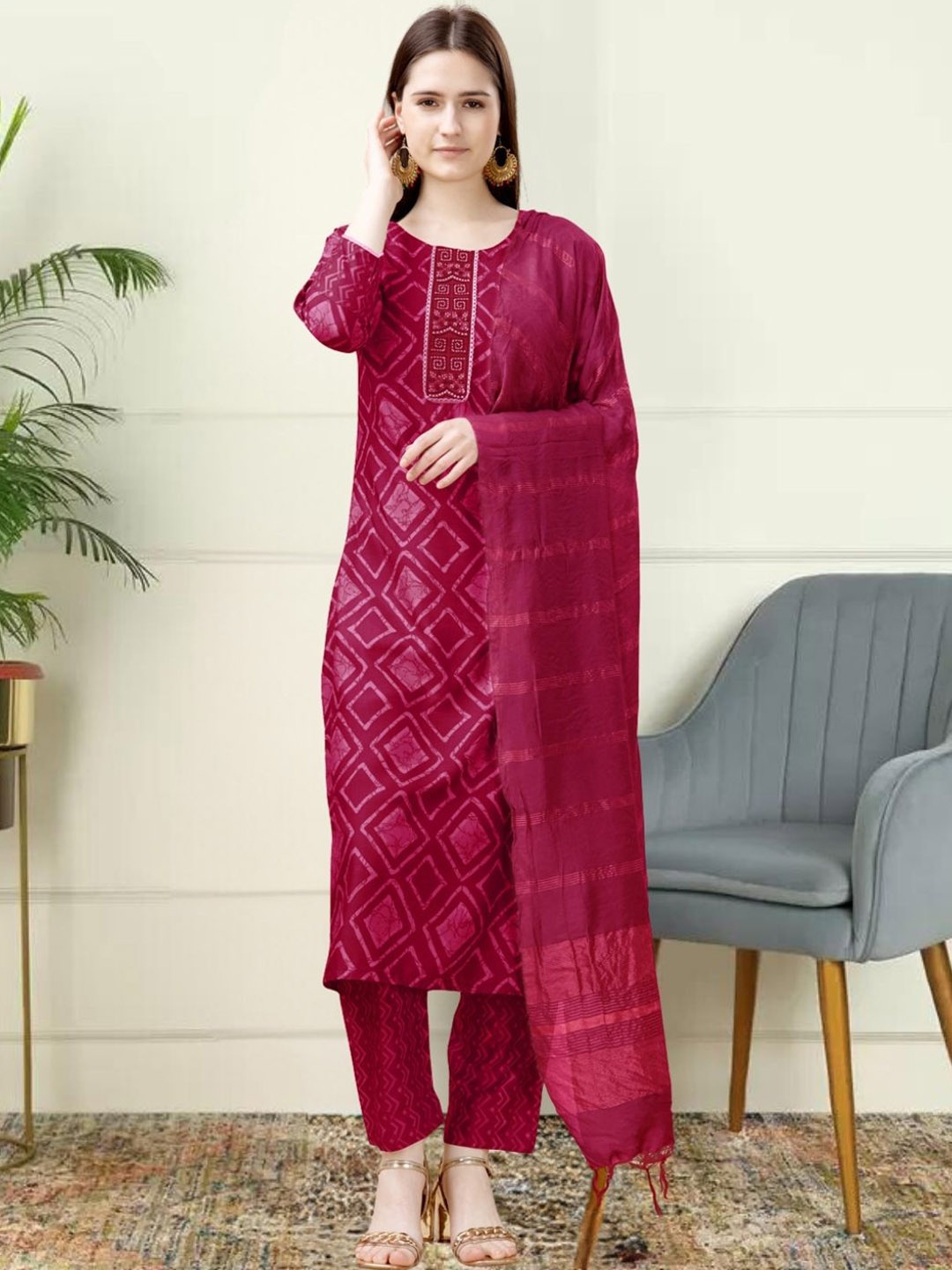 

KAZIA Geometric Printed Thread Work Kurta with Trousers & Dupatta, Pink