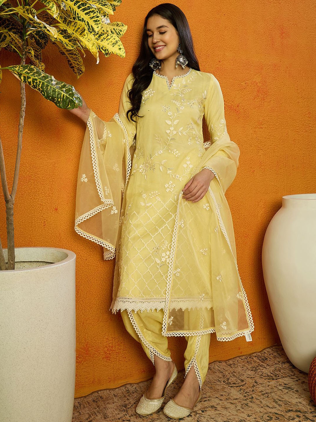 

AHIKA Floral Embroidered Thread Work Organza A-Line Kurta With Dhoti Pants & Dupatta, Yellow