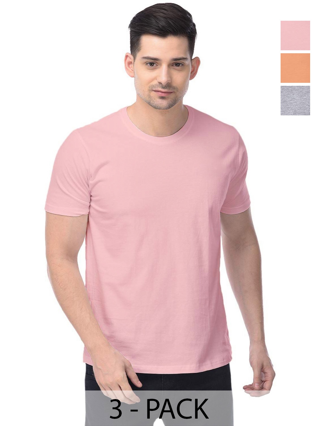 

COLOR CAPITAL Unisex Pack Of 3 Solid Round Neck Cotton T-shirts, Pink