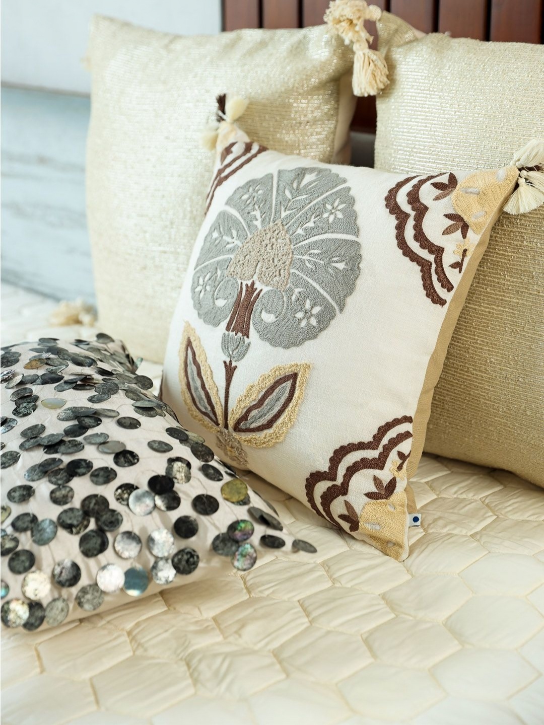 

ONSETHOMES raunak Cream-Coloured & Brown Embroidered Square Cushion Cover