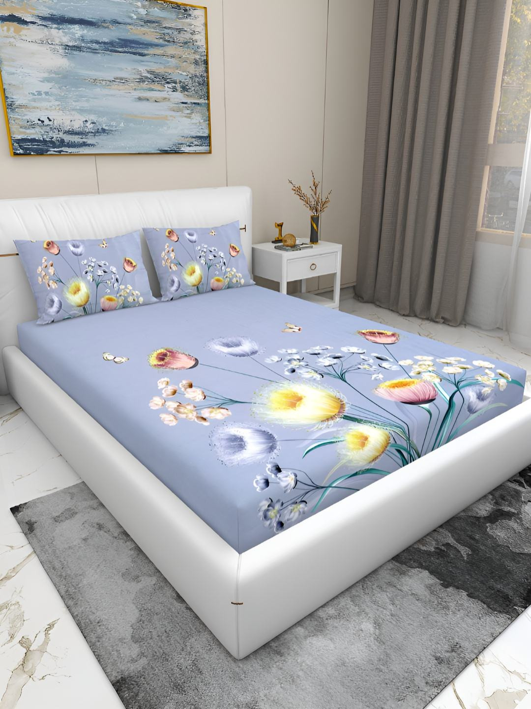 

GAPU & BALY Premium Blue & Yellow Floral 180 TC King Fitted Bedsheet with 2 Pillow Covers