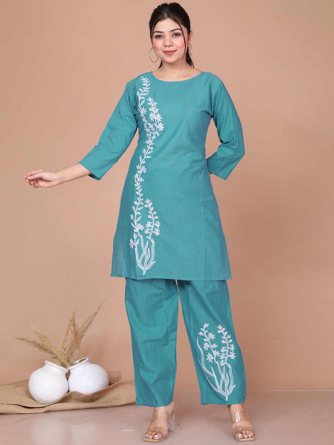

MIRAVAN Embroidered Pure Cotton Top & Palazzos, Green
