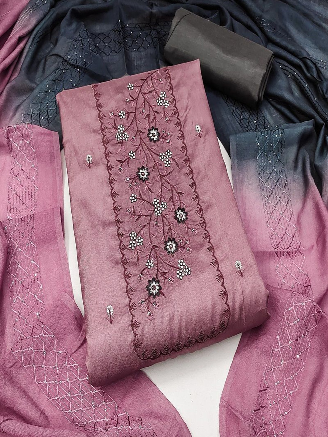 

KRITVA FASHION Floral Embroidered Jute Cotton Semi-Stitched Dress Material, Pink