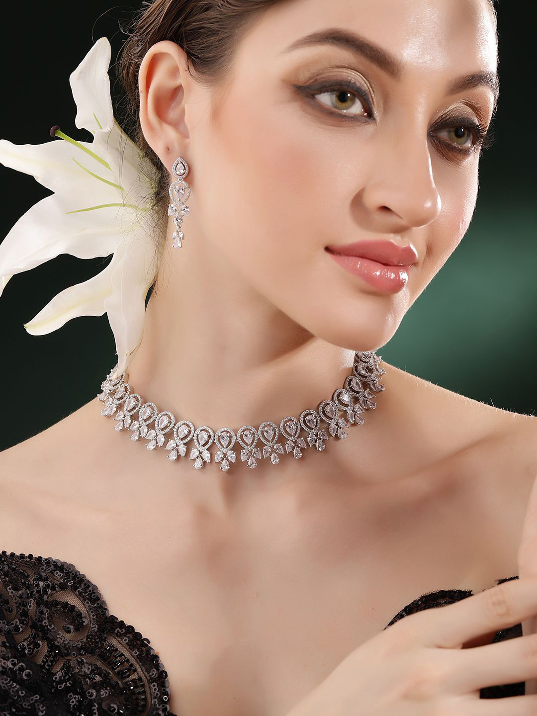

Priyaasi American Diamond Stone-Studded Jewellery Set, Silver