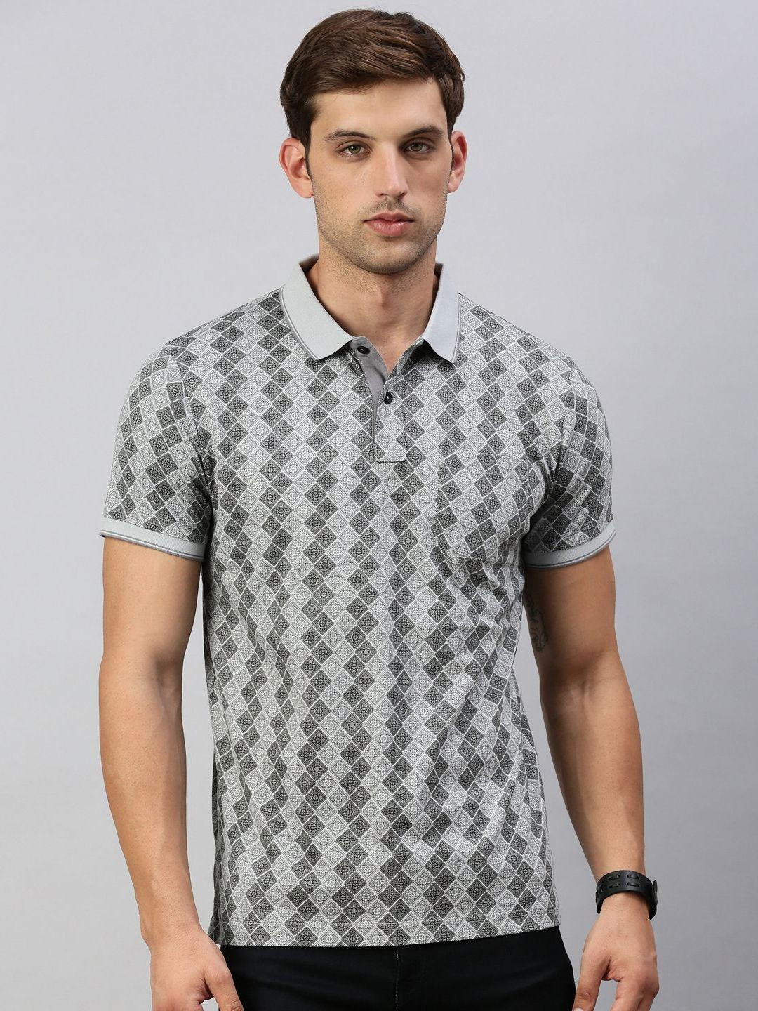 

Classic Polo Men Abstract Printed Polo Collar Cotton Slim Fit T-shirt, Grey