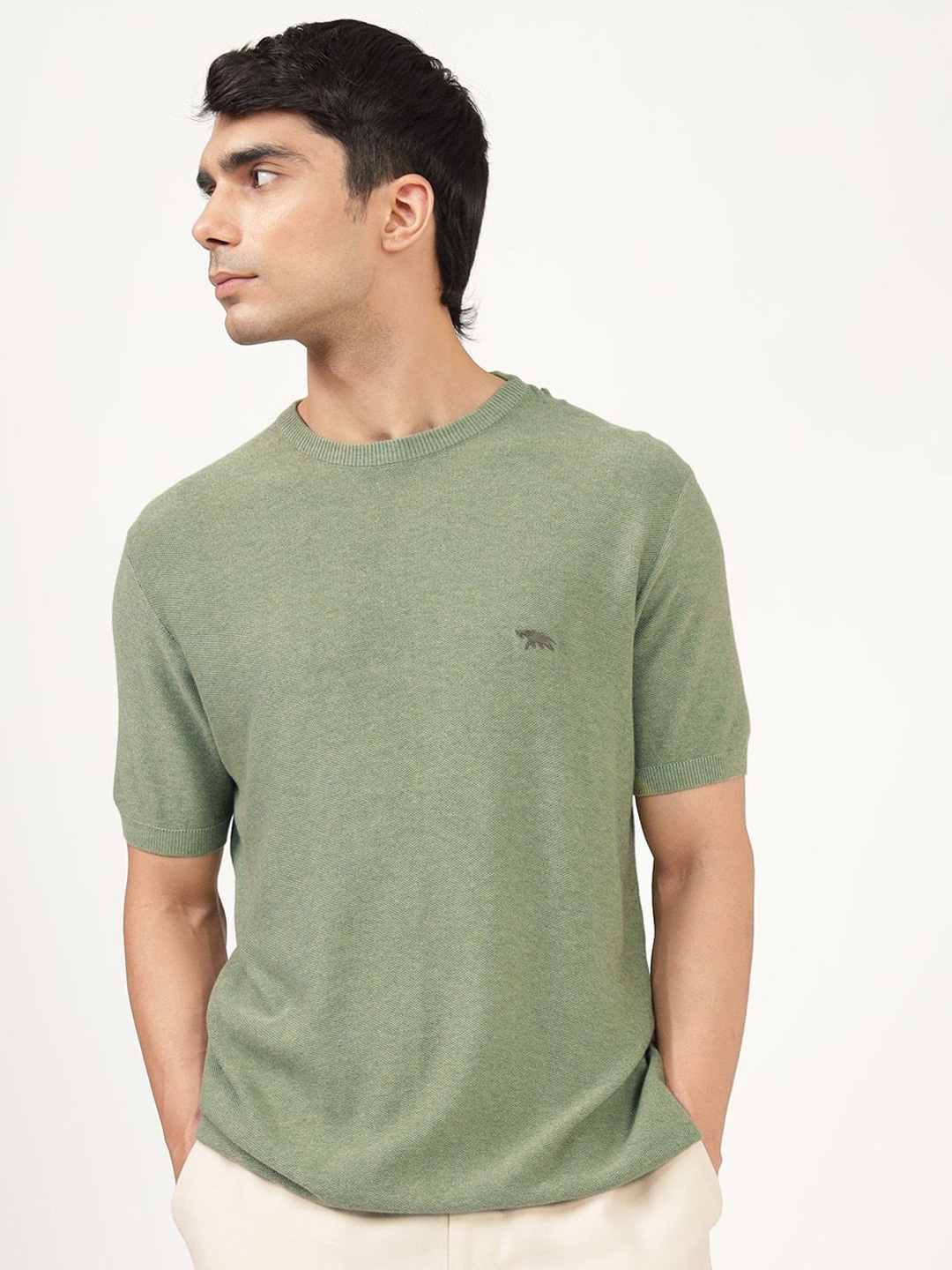 

Andamen Men Solid Round Neck Cotton T-shirt, Green