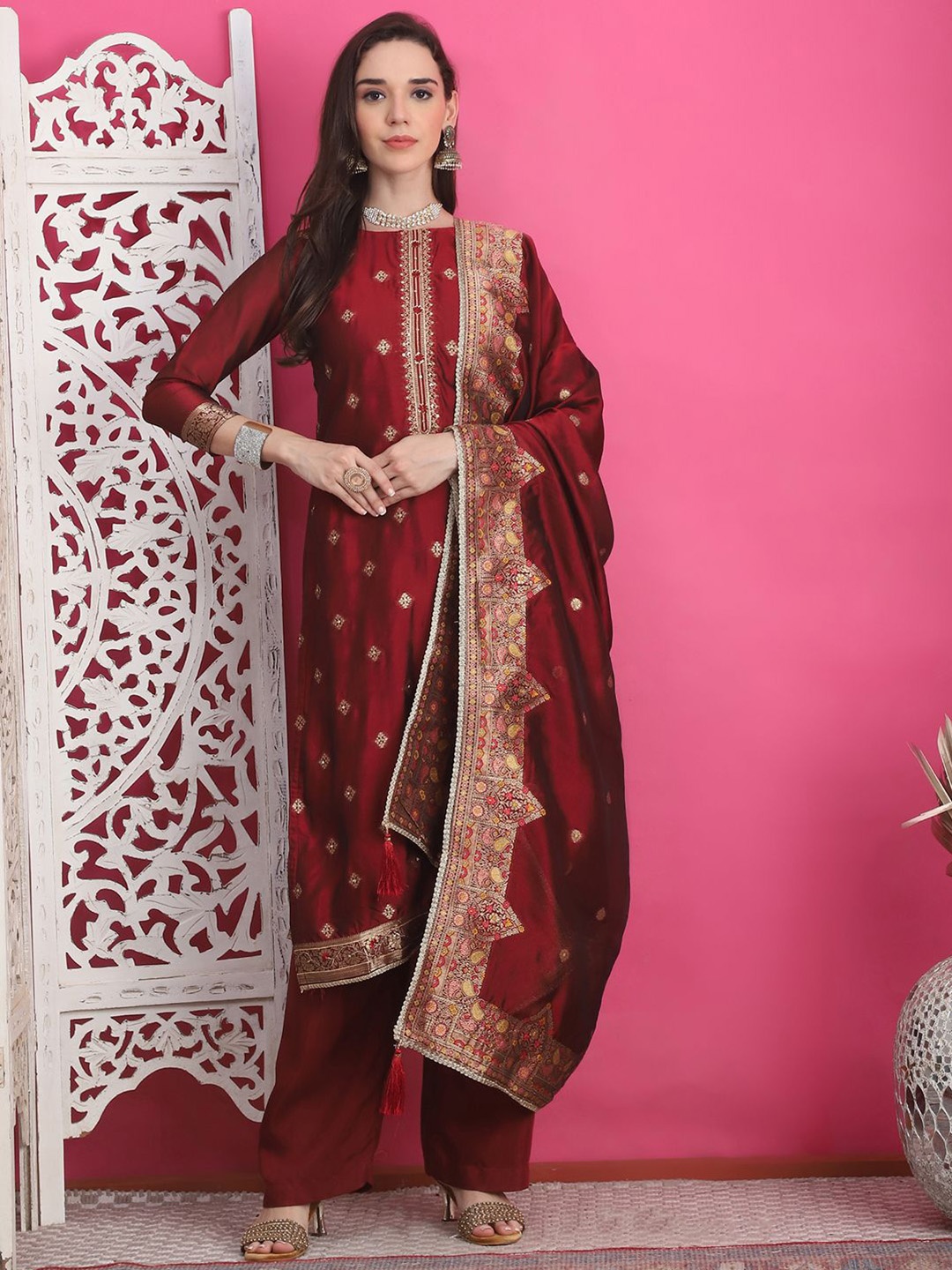 

Stylee LIFESTYLE Ethnic Motifs Woven Design Zari Silk Jacquard Unstitched Dress Material, Maroon