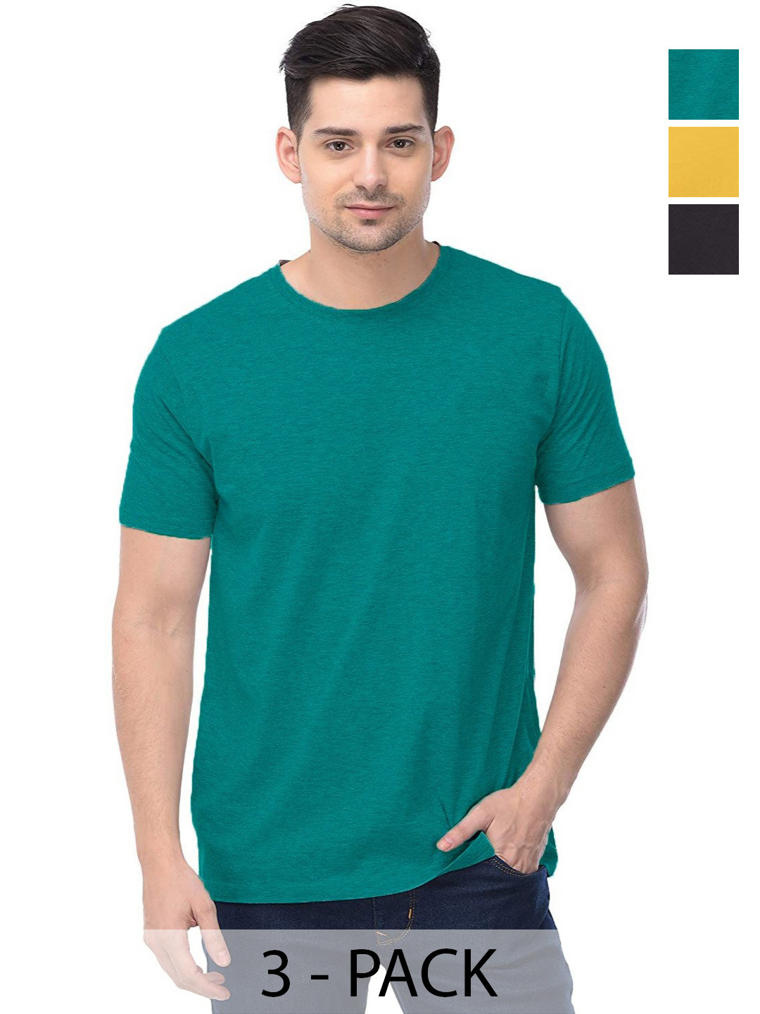 

COLOR CAPITAL Unisex Pack Of 3 Solid Round Neck Cotton T-shirts, Teal