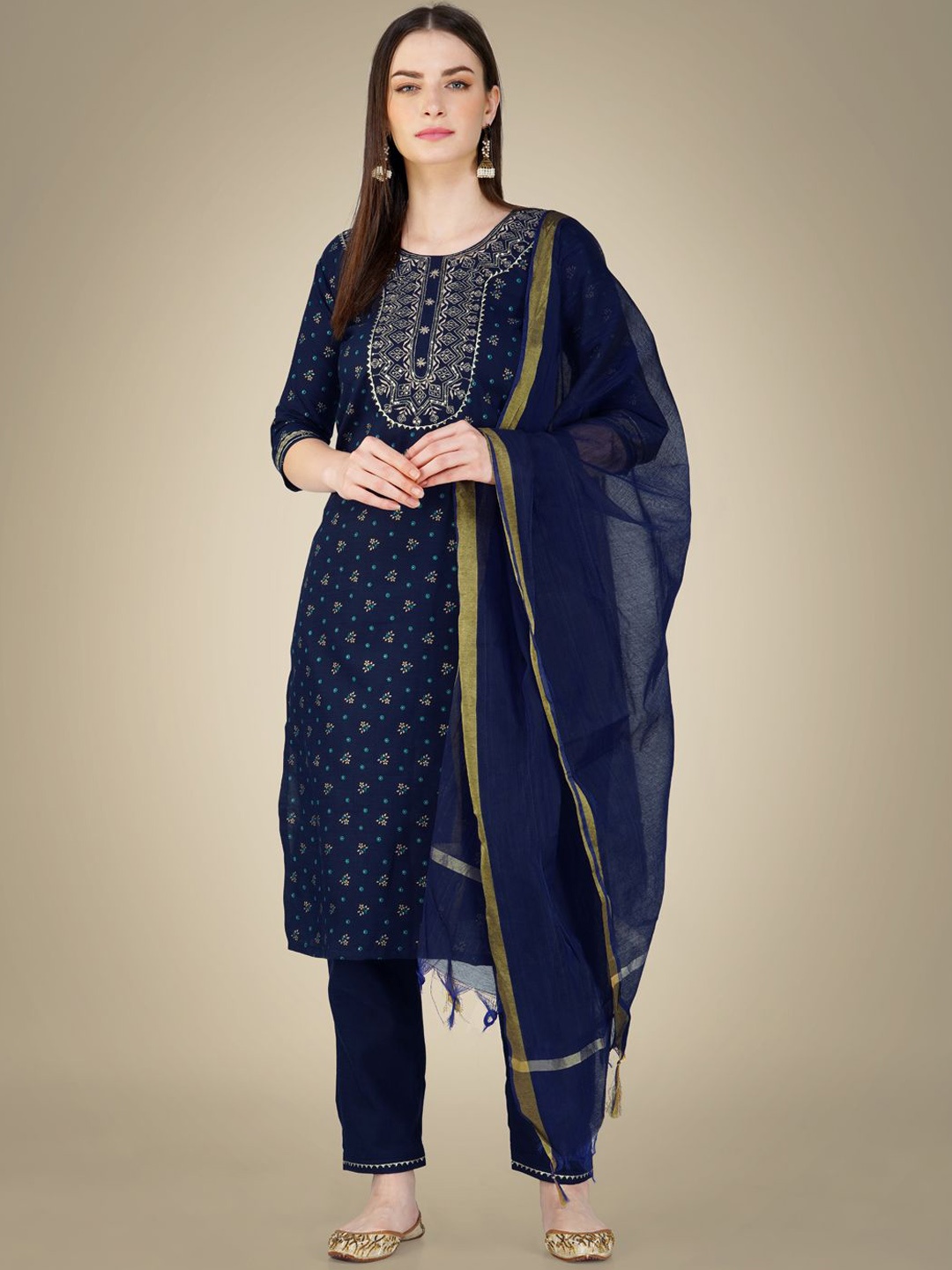 

Rujave Floral Printed Sequinned Straight Kurta With Trousers & Dupatta, Navy blue