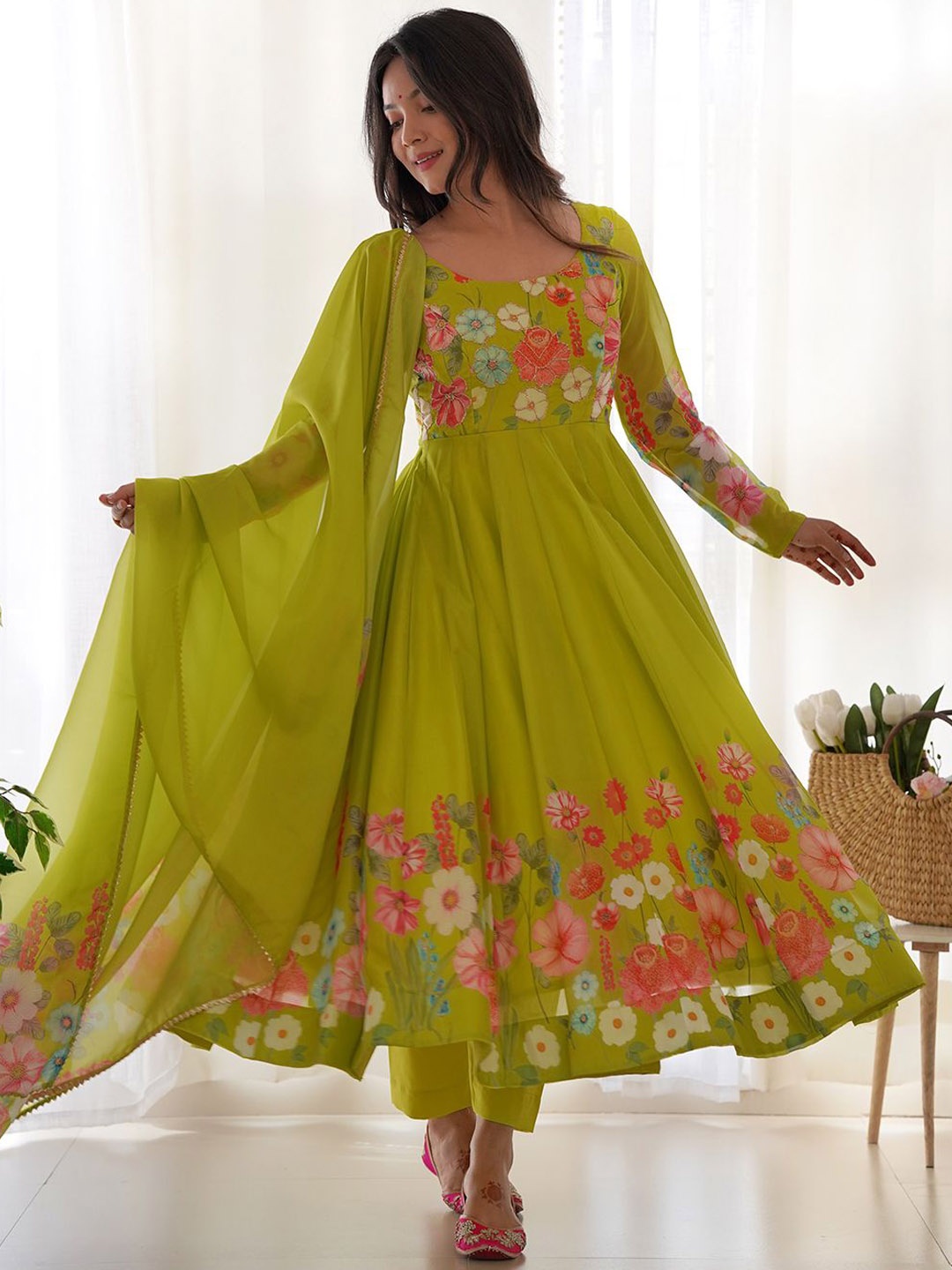 

ZIBLON Floral Printed Regular Sequinned Organza Kurta With Trousers & Dupatta, Lime green