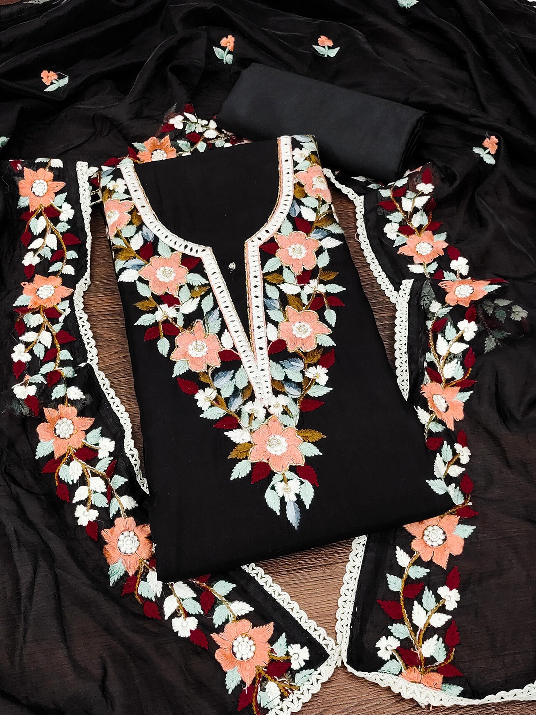

MANVAA Floral Embellished Beads and Stones Unstitched Dress Material, Black