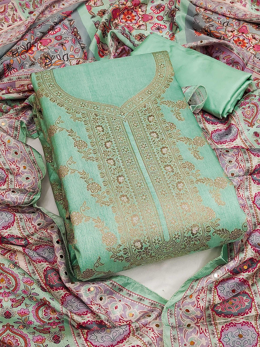 

MANVAA Floral Embellished Unstitched Dress Material, Sea green