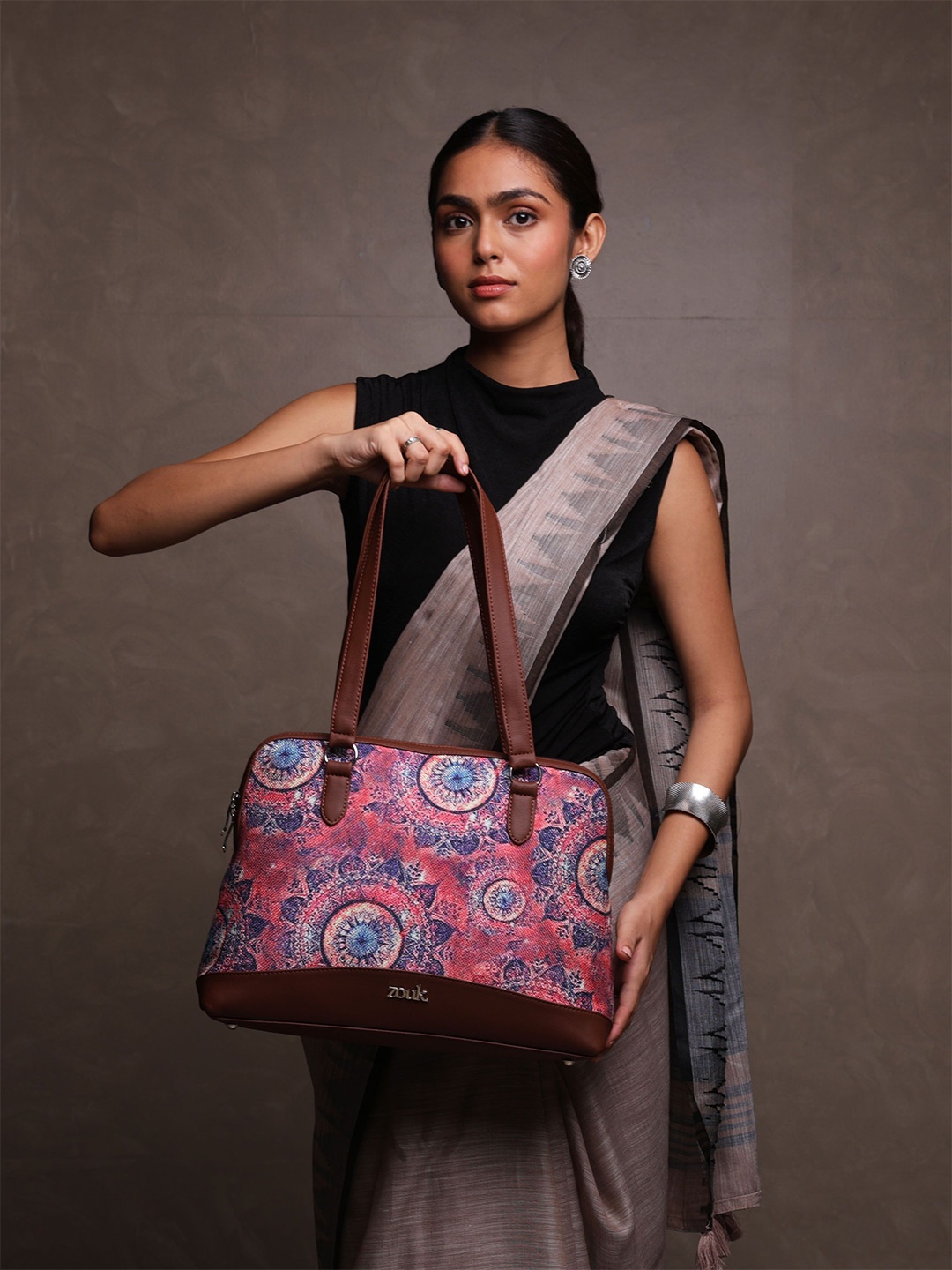 

ZOUK Floral Printed Structured Shoulder Bag, Pink