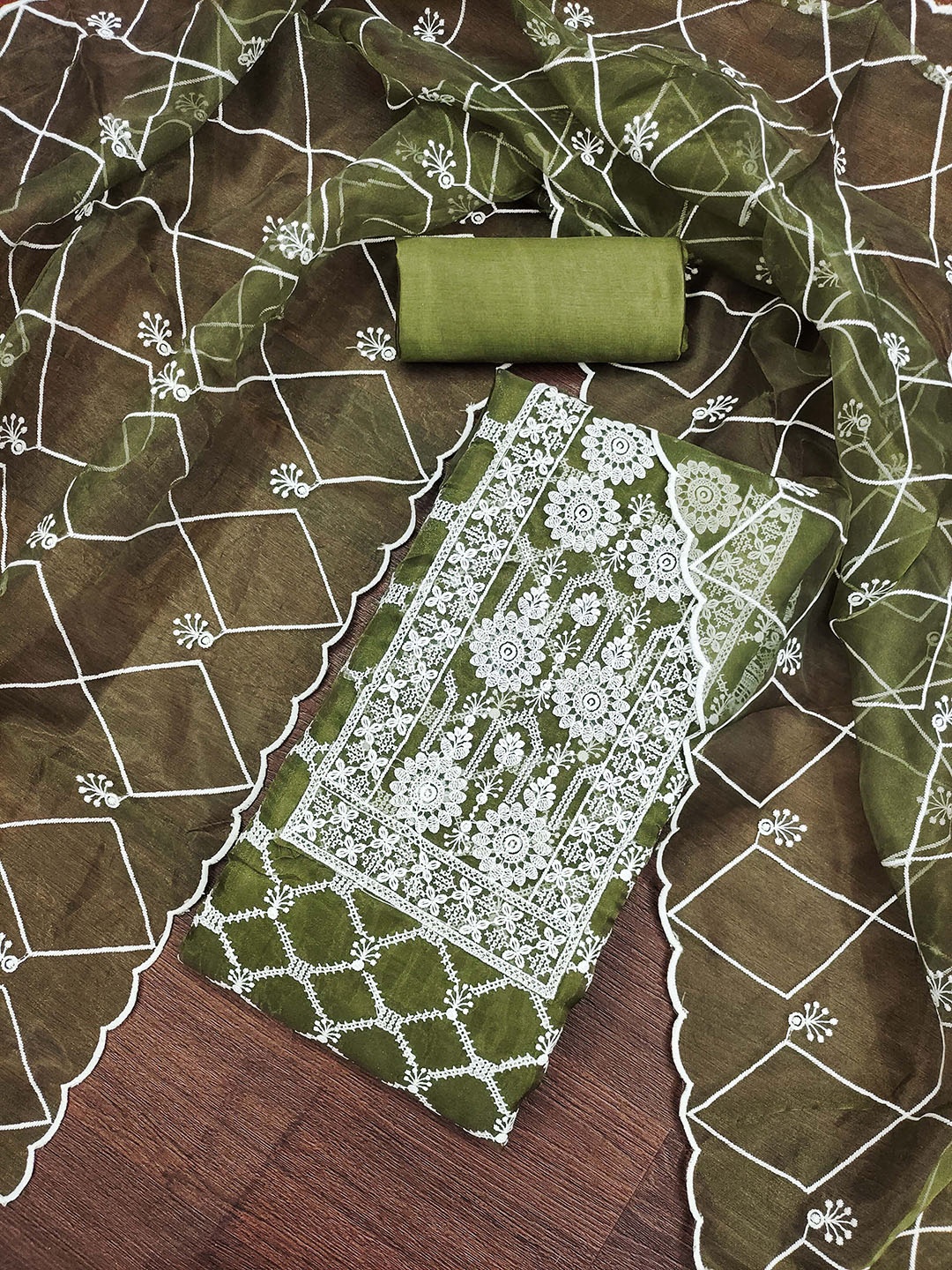 

MANVAA Floral Embroidered Unstitched Dress Material, Olive