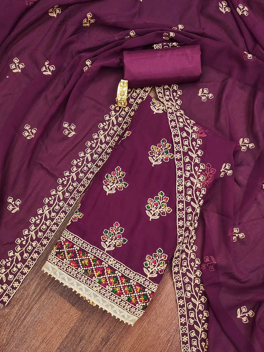 

MANVAA Embroidered Thread Work Unstitched Dress Material, Purple