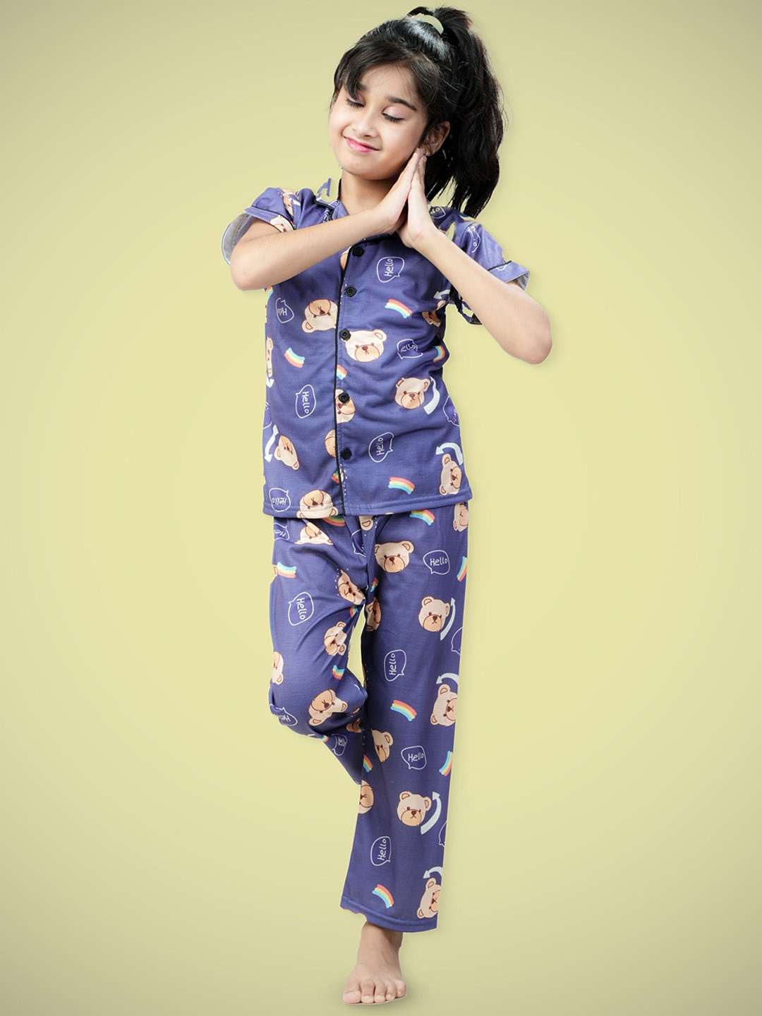 

BAESD Girls Cotton Shirt Collar Printed Short Sleeves Night suit, Blue