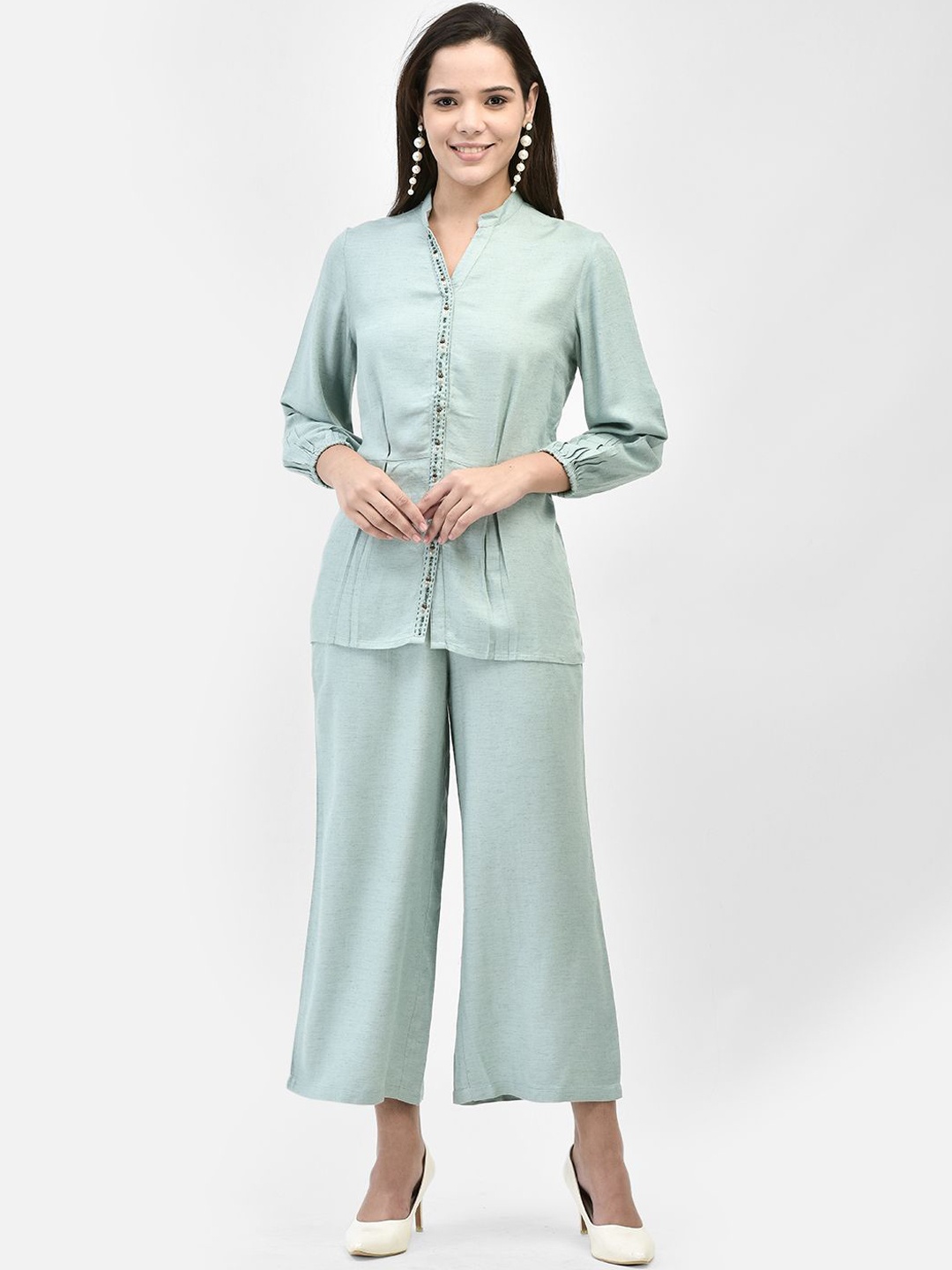 

FUTURO V-Neck Puff Sleeves Top & Trouser, Green