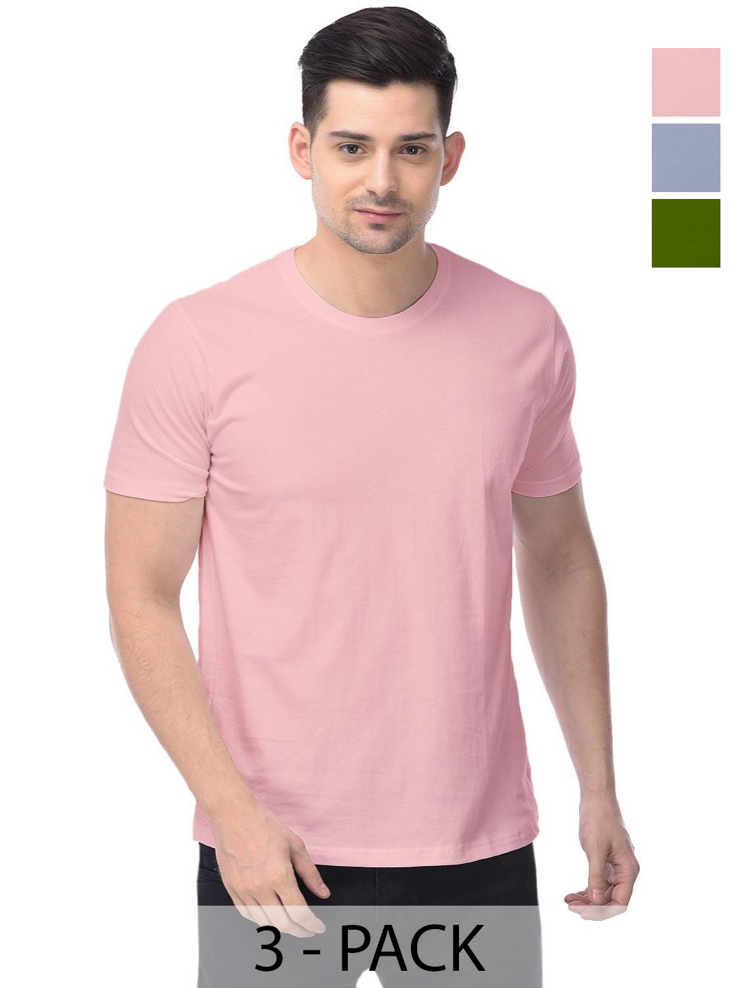 

COLOR CAPITAL Unisex Pack Of 3 Solid Round Neck Cotton T-shirts, Pink