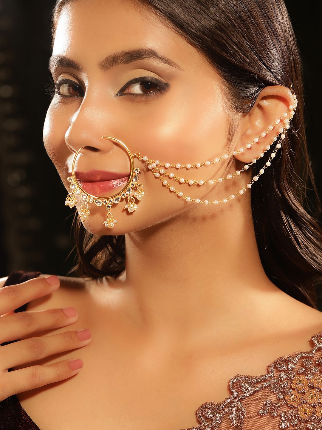 

Priyaasi Gold-Plated Kundan & Pearl Layered Ring Nosepin