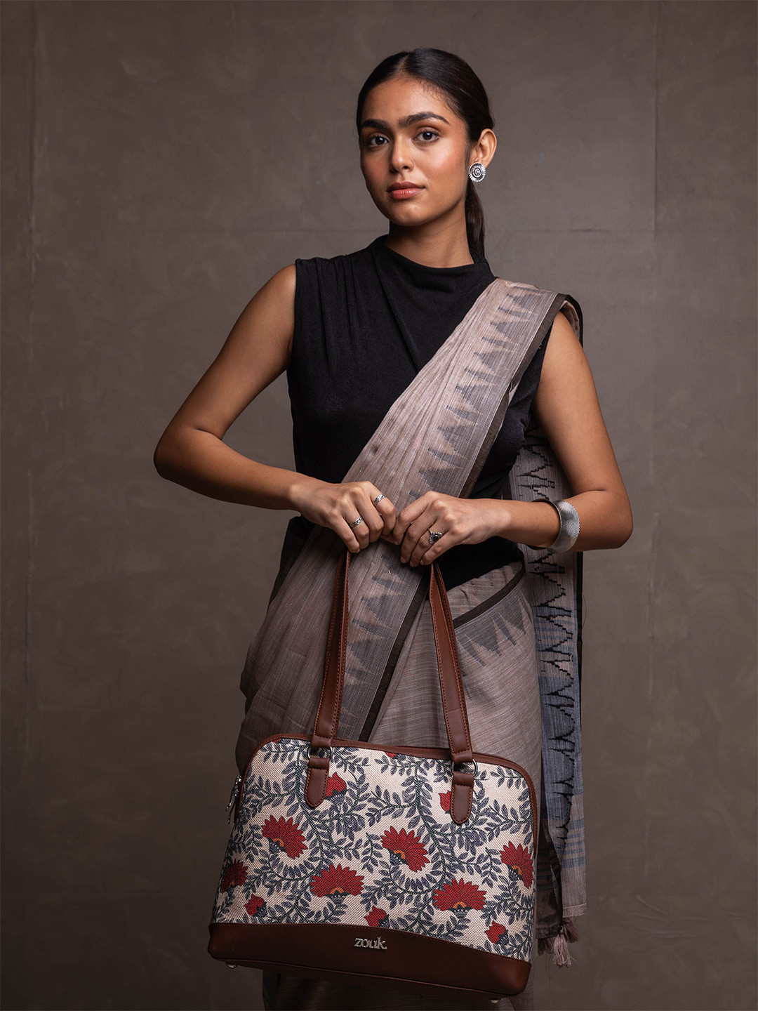 

ZOUK Floral Printed Structured Shoulder Bag, Beige