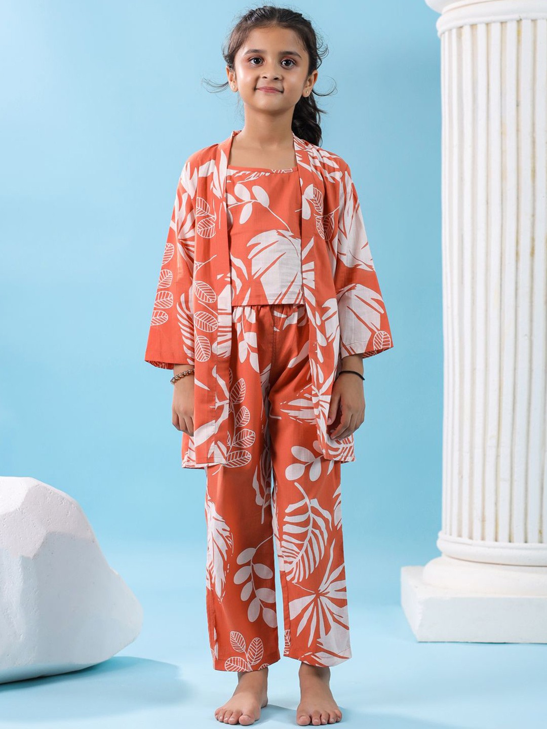 

SANSKRUTIHOMES Girls Printed Pure Cotton Night suit With Robe, Orange