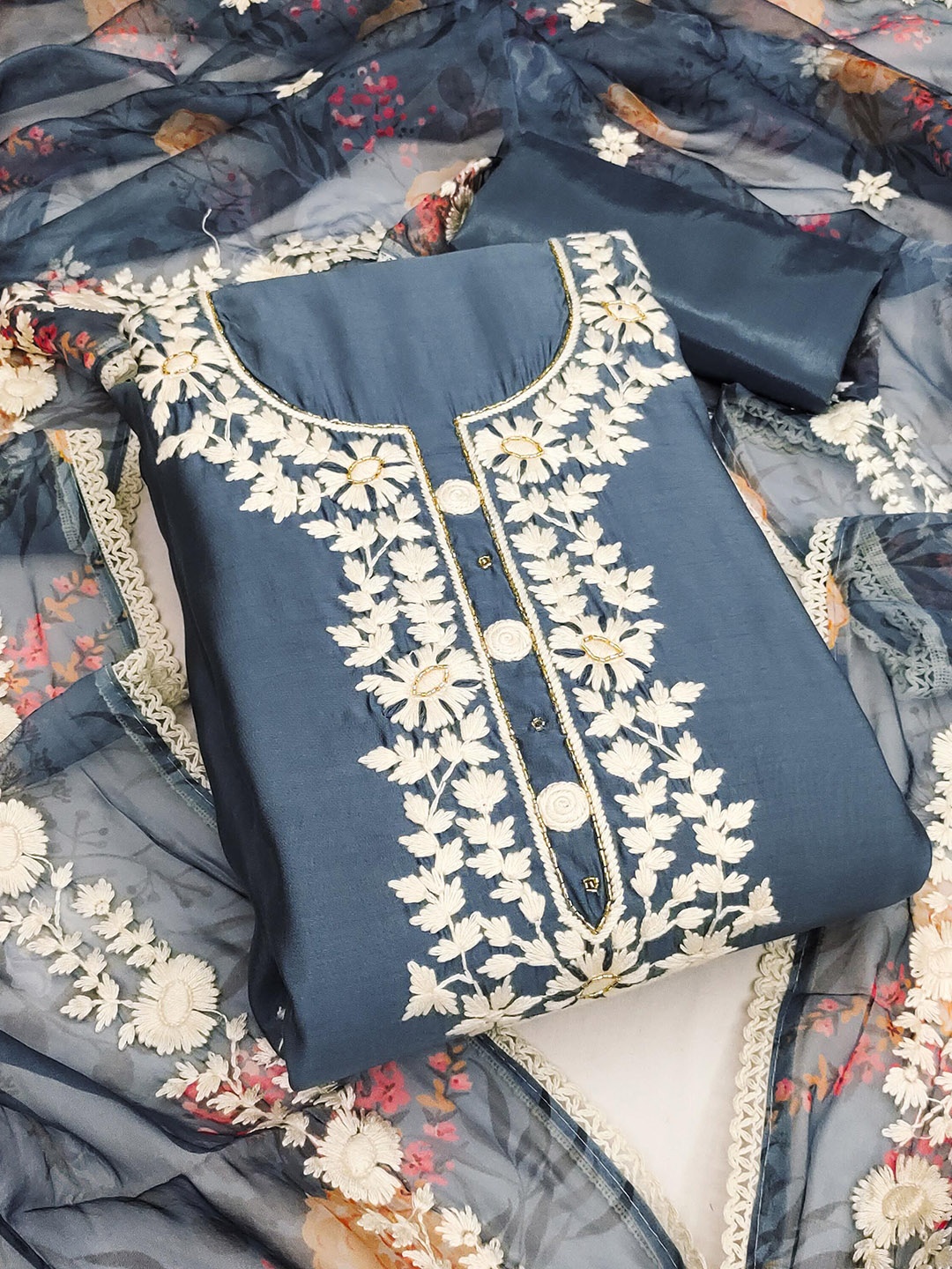 

MANVAA Embroidered Thread Work Unstitched Dress Material, Grey