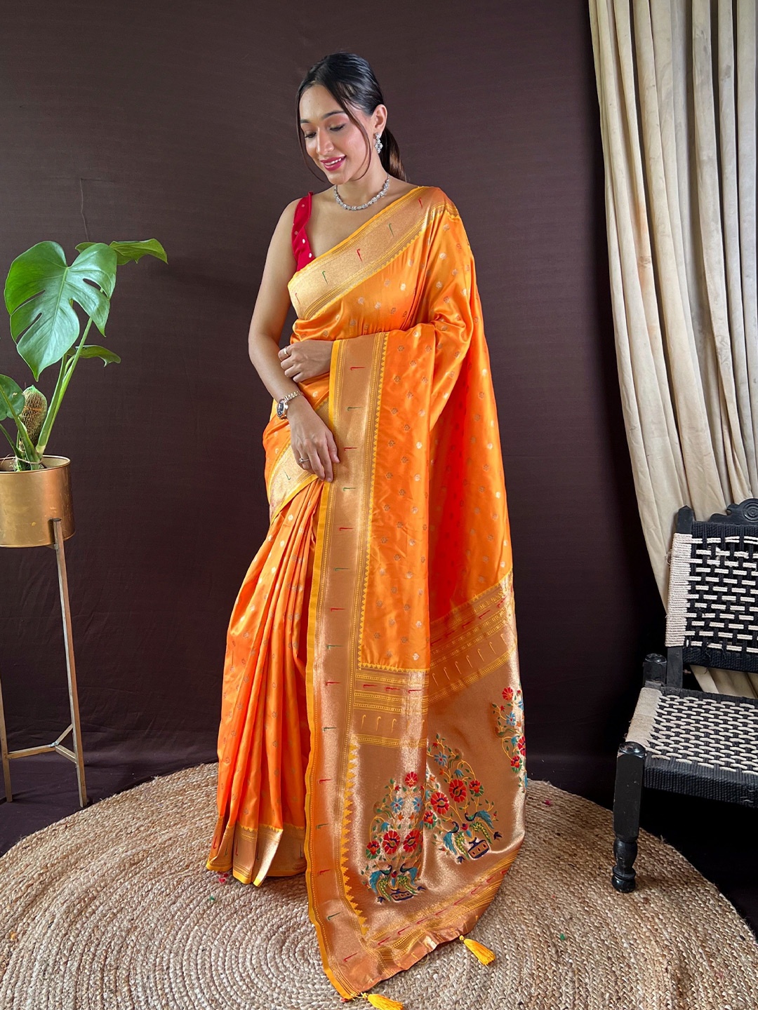 

HEER FASHION Woven Design Zari Paithani Saree, Orange