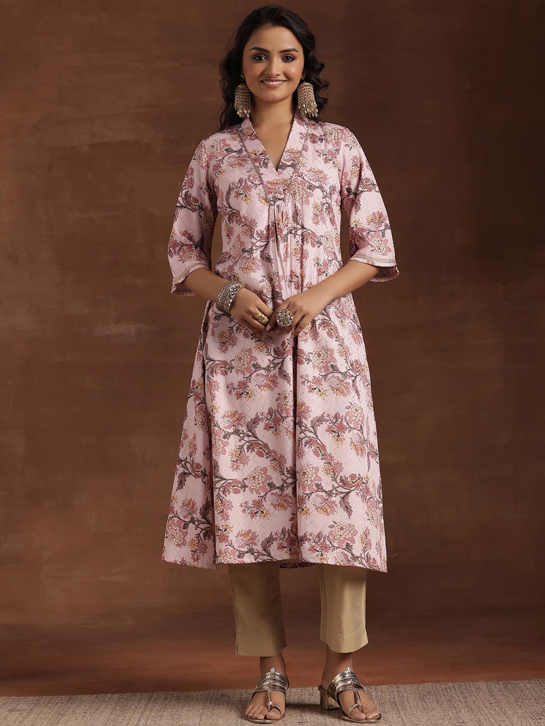 

Libas Floral Printed V Neck Cotton A Line Kurta, Pink