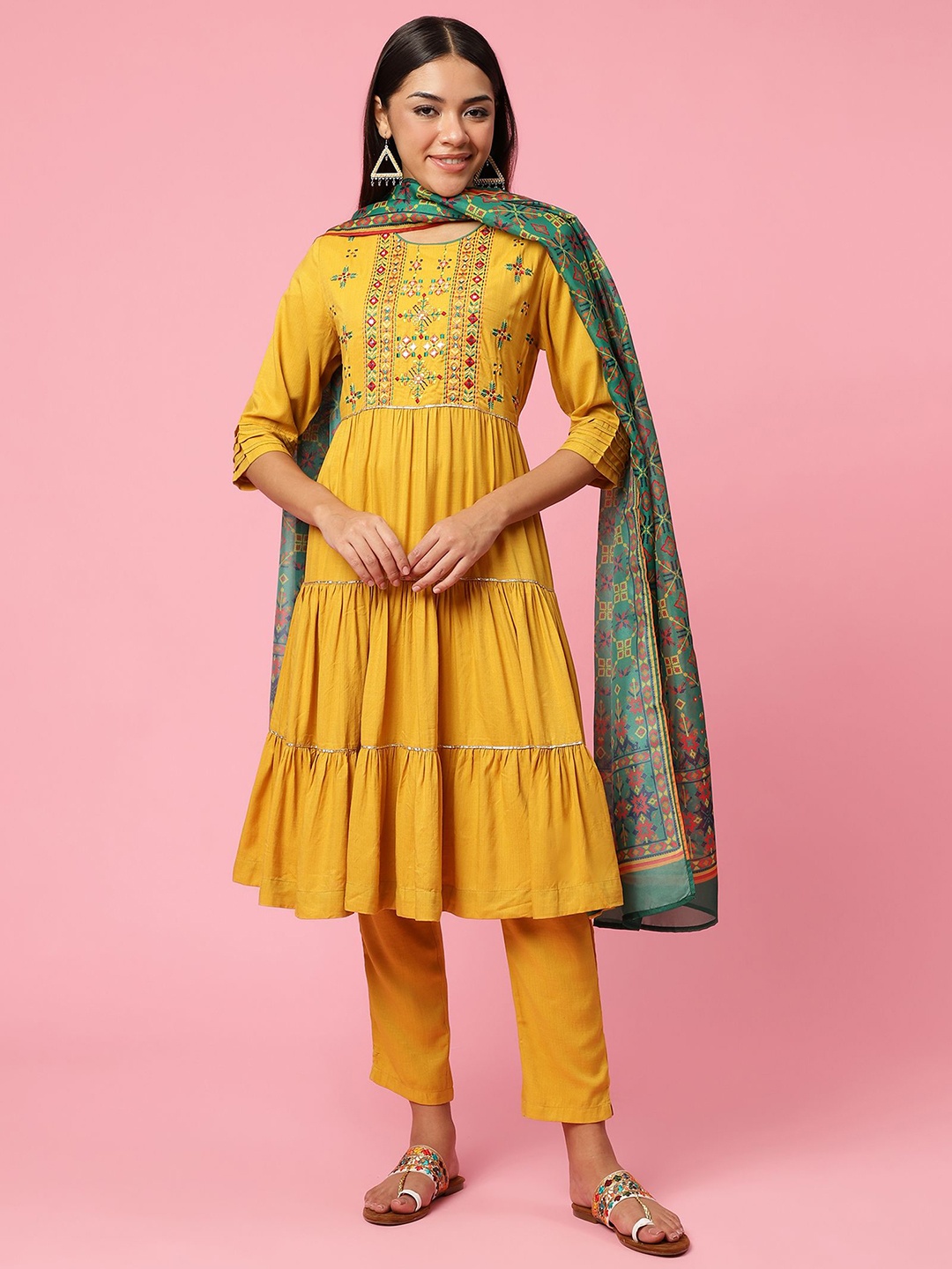 

Shree Floral Embroidered Tiered Liva A-Line Kurta with Trousers & With Dupatta, Mustard