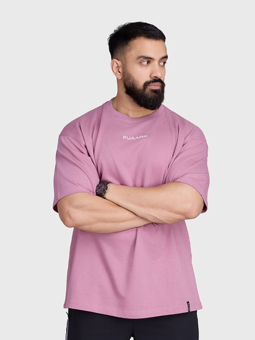 

FUAARK Men Solid Round Neck Cotton Oversized T-shirt, Pink