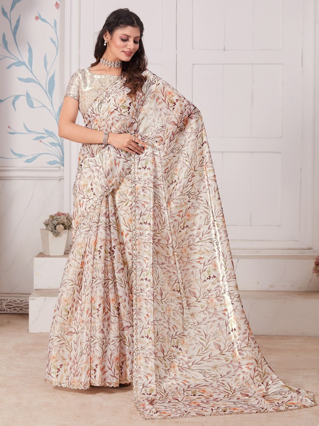 

Anouk Women Floral Printed Beads and Stones Saree, Cream