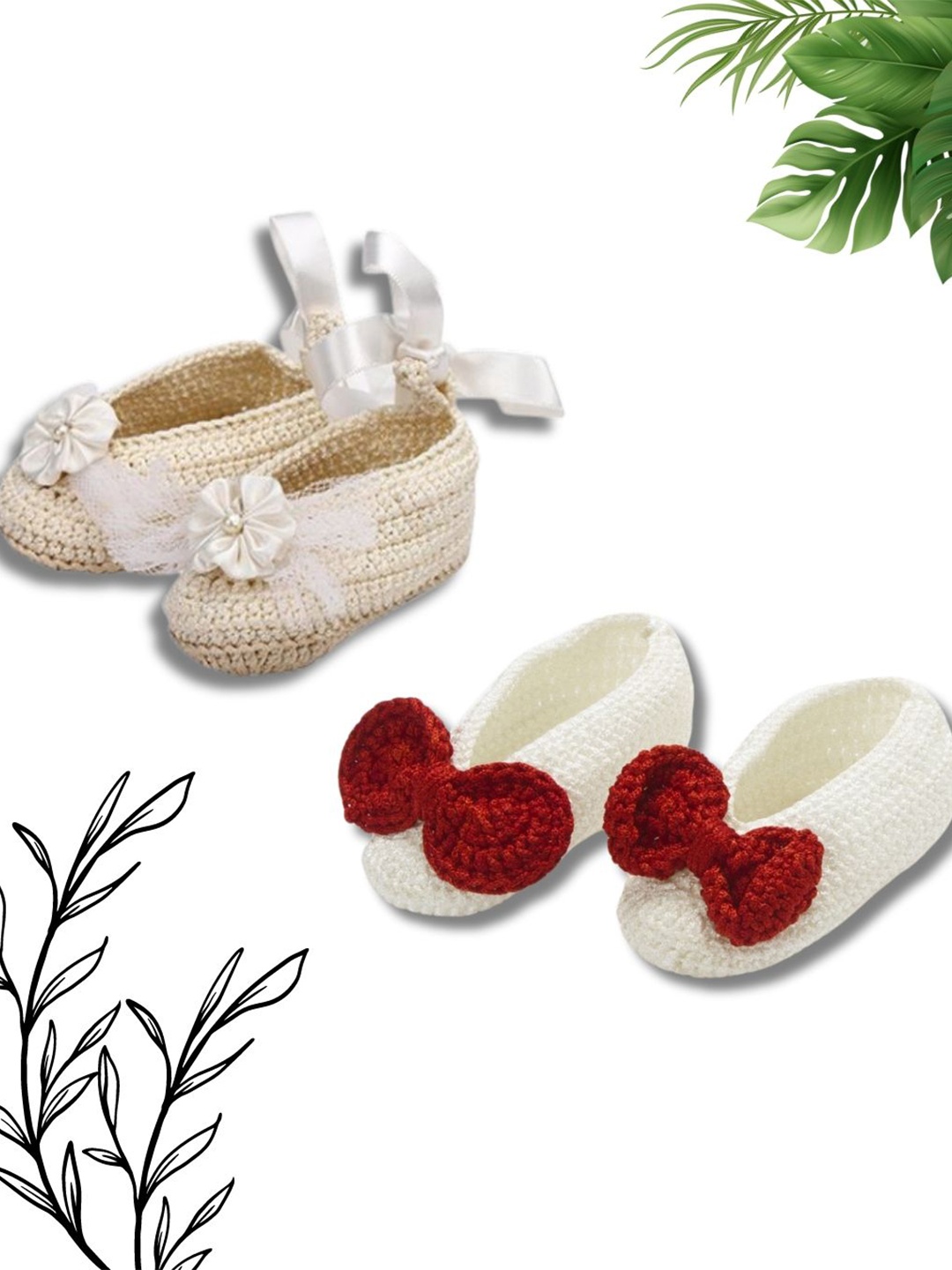 

FUNKRAFTS Girls Handmade Pack of 2 Crochet Acrylic Booties, Red