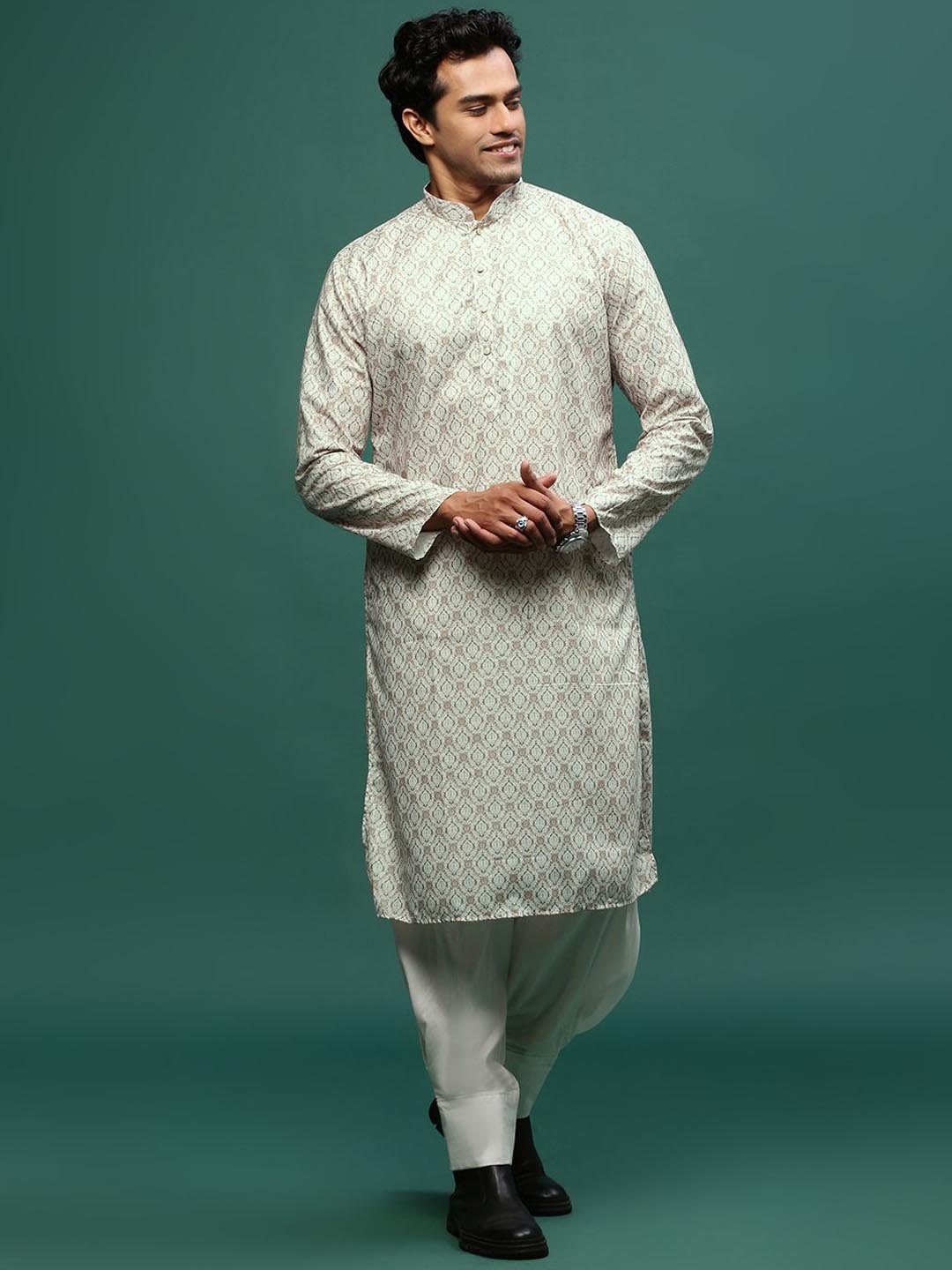 

Sangria Beige Ethnic Motifs Printed Mandarin Collar Straight Kurta With Patiala