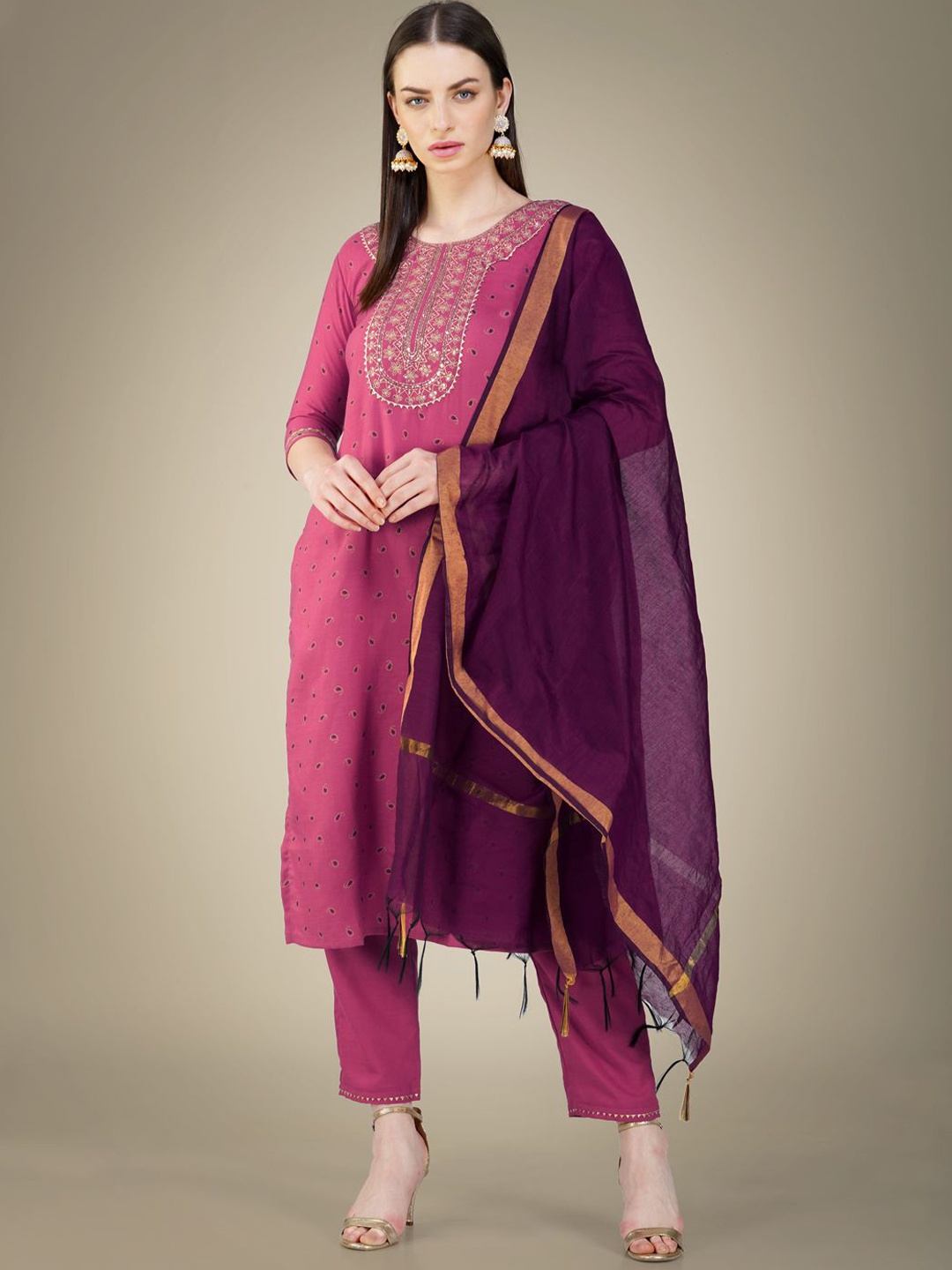 

Rujave Floral Embroidered Sequinned Straight Kurta With Trousers & Dupatta, Purple