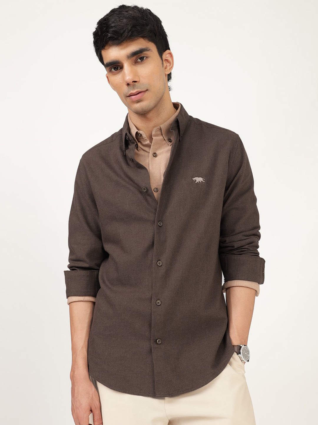 

Andamen Men Premium Button-Down Collar Solid Cotton Casual Shirt, Brown
