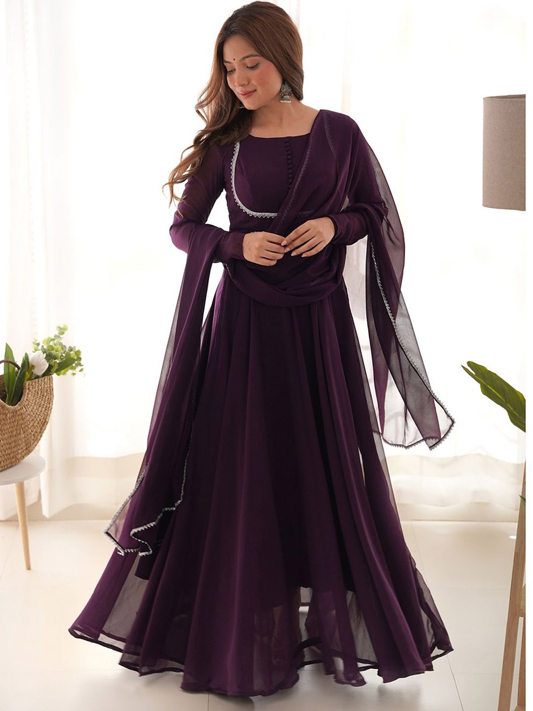 

ZIBLON Georgette Anarkali Kurta with Trousers & Dupatta, Purple