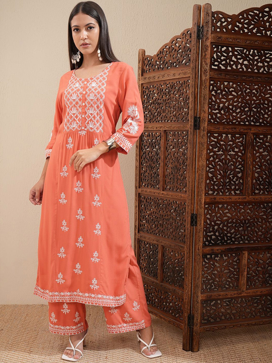 

Vishudh Orange-Coloured Floral Embroidered Thread Work Straight Kurta With Palazzos