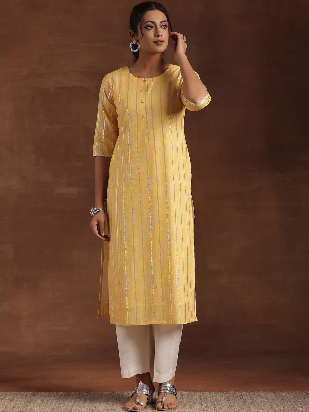 

Libas Striped Woven Design Round Neck Pure Cotton Straight Kurta, Yellow