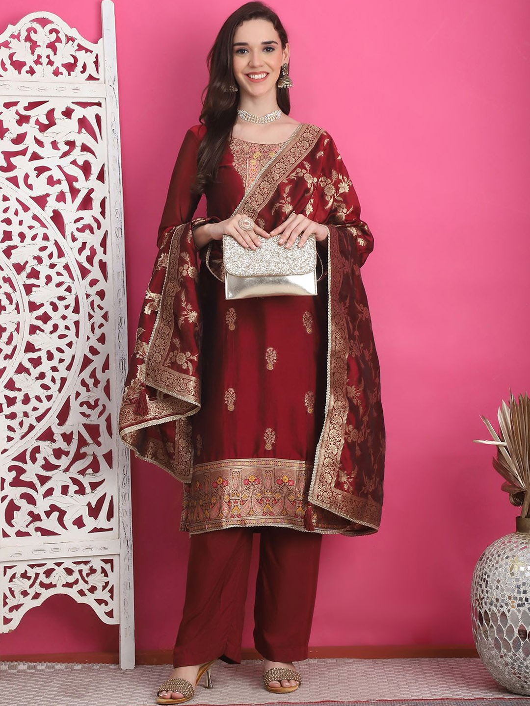 

Stylee LIFESTYLE Ethnic Motifs Woven Design Zari Silk Jacquard Unstitched Dress Material, Maroon