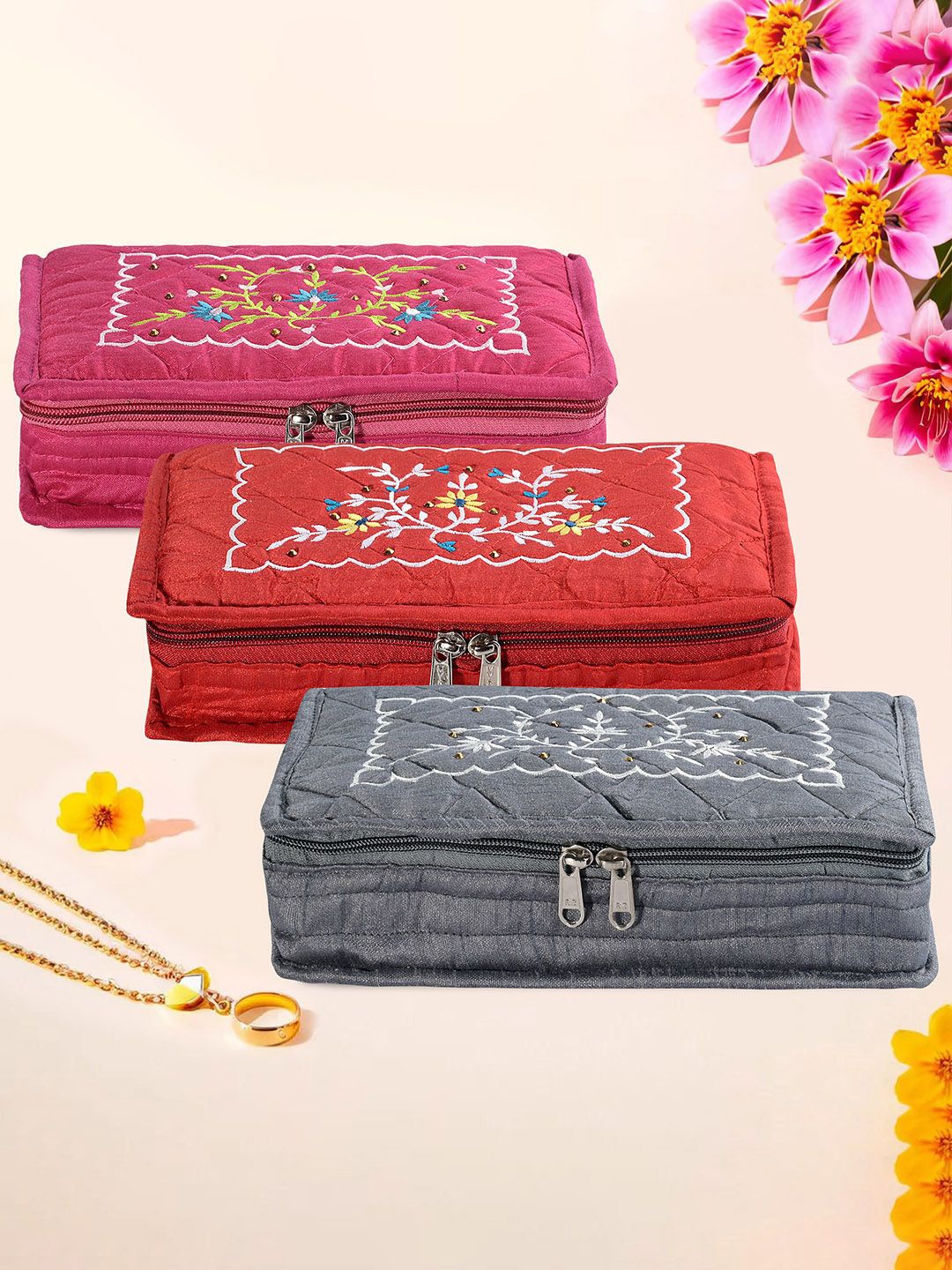 

Kuber Industries Grey & Pink 3 Pieces Floral Embroidered Jewellery Organisers